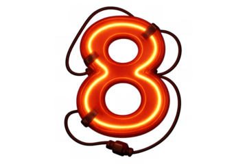 Number 8 glowing neon tube light sign in orange for digital signage and retro illuminated advertising
