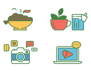 Four icons depicting food plant camera and laptop on a white background
