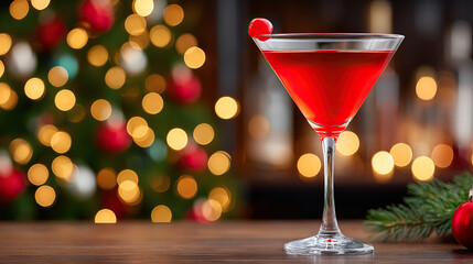 Red holiday martini in frosted glass with cherry garnish bokeh Christmas tree lights cozy festive scene warm glow