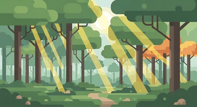 Sunbeams stream through a lush green forest, illuminating a winding path.