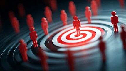 Strategic focus on target audience with red figures on concentric ring bullseye, embodying precision and success for business marketing campaigns