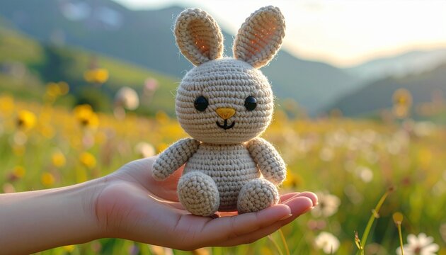 Hand holding crocheted bunny doll in wildflower meadow with blurred mountains and bright sky.