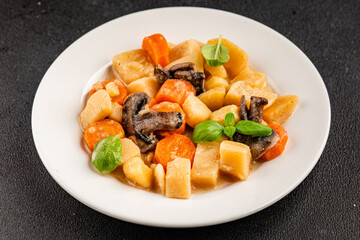 Potato stew mushrooms and vegetables natural tasty snack fresh delicious gourmet food background on the table rustic top view copy space keto and paleo diet vegerian and vegan food