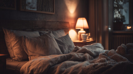 Cozy bedroom scene featuring a made bed with soft lighting and a bedside table lamp glowing warmly