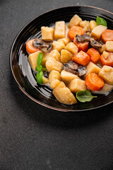Potato stew mushrooms and vegetables natural tasty snack fresh delicious gourmet food background on the table rustic top view copy space keto and paleo diet vegerian and vegan food