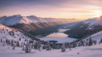Obraz premium Snowy mountains, trees, and clouds at sunset. Serene winter nature scenery.