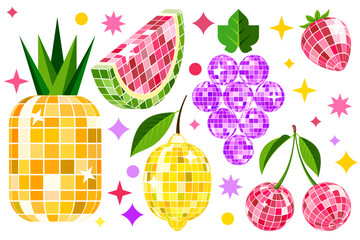 Fruits and berries with mirrored disco ball texture. Vector watermelon, pineapple, cherry, lemon, strawberry, grape