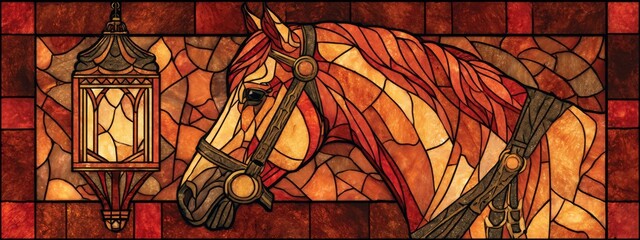 Elegant Stained Glass Art Featuring a Horse and Lantern in Rich Red and Gold Motif