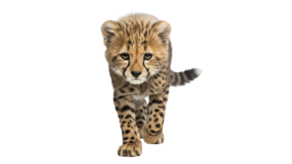 Adorable cheetah cub walking towards the camera isolated PNG with Transparent Background
