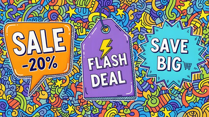 Colorful Doodle Sale Banner with Flash Deal and Save Big Tags on Abstract Pattern Background