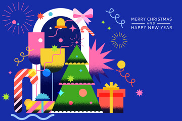 Vector geometric illustration Christmas tree, gifts, champagne. New Year greeting card, party invitation, banner design