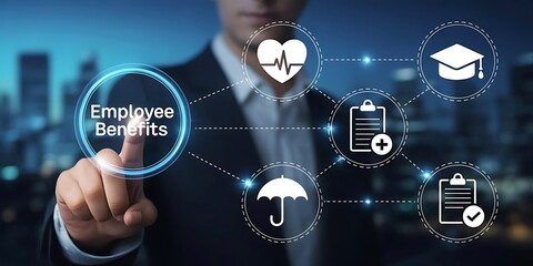 Employee benefits package health insurance life insurance retirement plan paid time off and more benefits on transparent background. employee