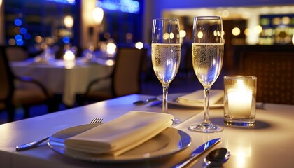 Elegant candlelight dinner setup with wine glasses for a romantic and intimate atmosphere