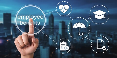 Employee benefits package health insurance life insurance retirement plan paid time off and more benefits on transparent background. employee