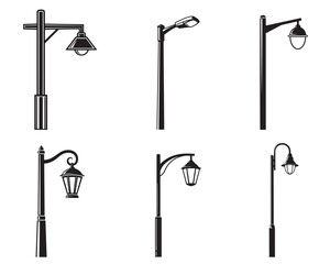 Street lamp and city light icon set. Modern highway LED, utility pole, and vintage park lantern vector collection.