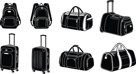 Hand drawn luggage and bags collection in black and white