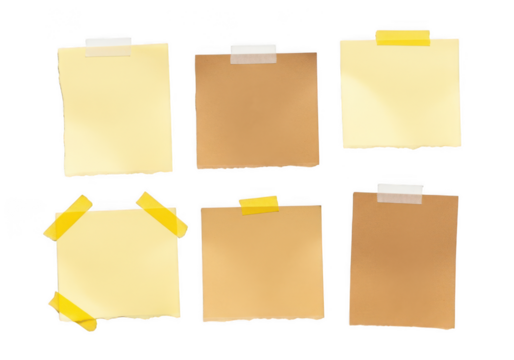 Set of taped paper notes in neutral tones on transparent background
