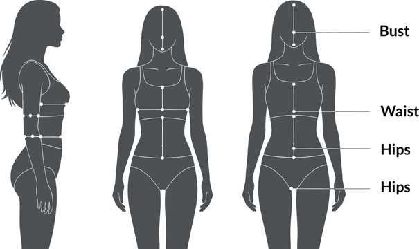 Silhouette diagram showing female body measurement points for bust, waist, and hip size guide for tailoring or clothing