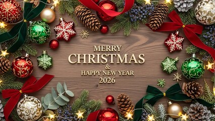 Joyful Merry Christmas 2026 message with festive winter holiday decorations