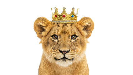 Obraz premium Lion cub wearing a golden crown isolated PNG with Transparent Background
