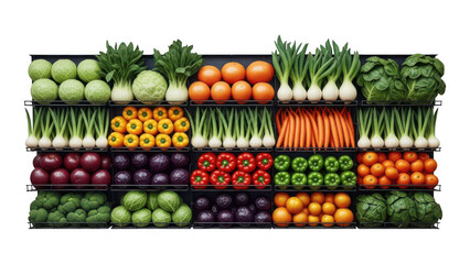 Abundant display of fresh colorful fruits and vegetables neatly arranged on shelves at a market
