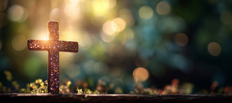 Christian cross with glitter lights and blurred bokeh lights background. Concept of Christianity, religious, faith, Jesus, or belief
