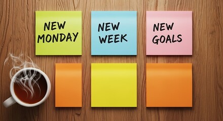 Aromatic coffee cup with new week and monday sticky notes on a wooden table, symbolizing fresh goals and beginnings