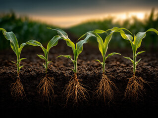 Five young corn plants display robust root systems spreading beneath the soil. Their green stalks and leaves rise from the dark earth, while a wide maize field fades softly into the background.