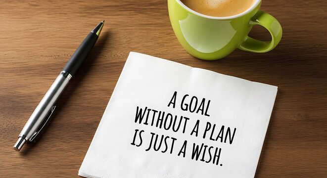 A motivational message on a napkin with a pen and coffee cup on a wooden table, encouraging goal setting