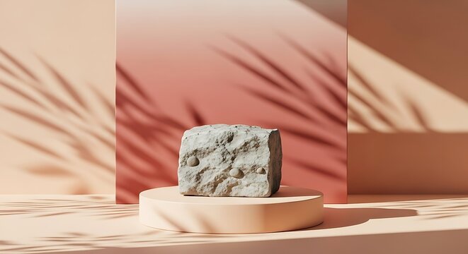 A textured stone cube sits atop a peachcolored pedestal, bathed in sunlight and casting palm frond shadows