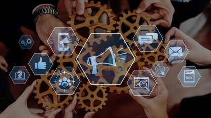 Diverse hands gather around interconnected gears, showcasing digital icons that represent marketing and communication strategies in a modern business landscape. Raster - Powered by Adobe