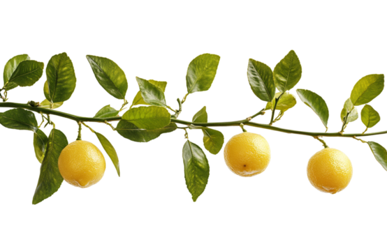 Three ripe yellow lemons hanging from a leafy branch against a transparent background