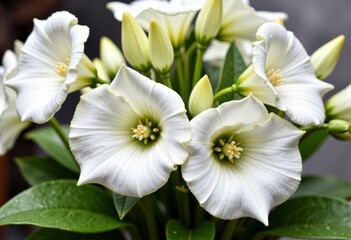 Fototapeta premium Elegant Cluster of White Flowers with Delicate Petals and Vibrant Green Leaves in a Natural Garden Setting
