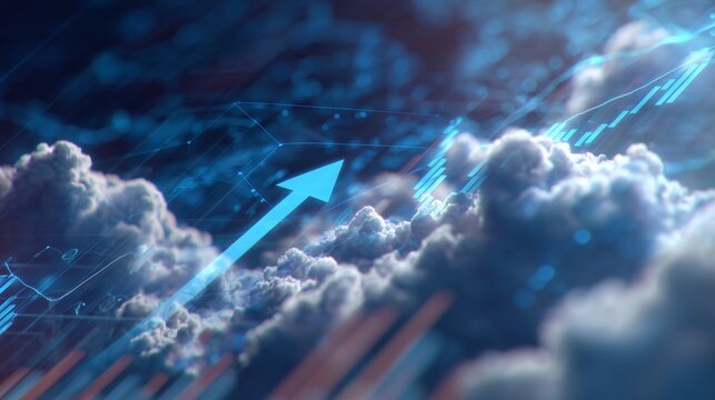 The image depicts a blue arrow ascending through a sea of digital clouds that represent data analysis. These clouds and the arrow symbolize growth, technology, and progress in anal - Powered by Adobe