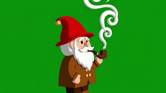Cartoon Garden Gnome Smoking Pipe With Swirling Smoke.