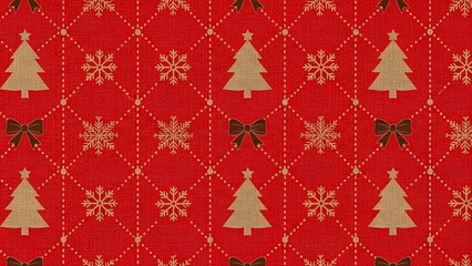 Festive red background with repeating pattern of golden christmas trees snowflakes and bows