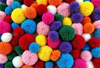 Vibrant composition of colorful pom-poms arranged closely together, creating a visually striking and playful pattern of fluffy textures in various hues