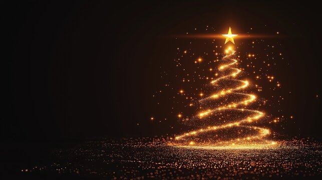 Christmas tree made of glowing particles on dark background with shining star at top and golden light effect, New Year concept.
