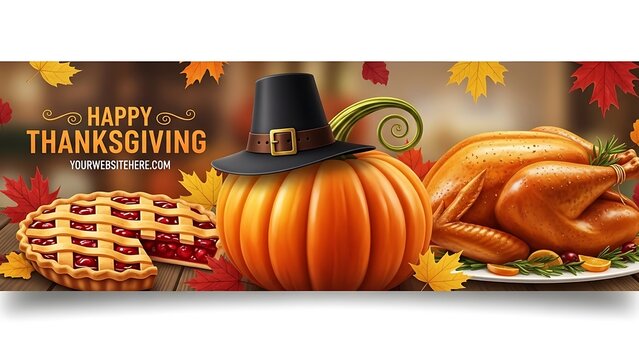 Happy thanksgiving banner with roasted turkey, pumpkin, and pie
