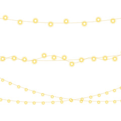 Gold festive light PNG with glowing garland ribbon, bright LED bulbs, and shimmering decorative border ideal for holiday celebration cards, winter banners, Christmas party graphics, and transparent de