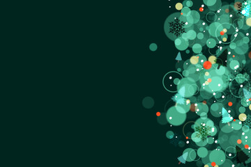 Abstract festive green background with bokeh lights snowflakes and christmas trees background