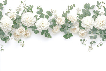 A serene arrangement of white flowers and greenery on a clean white background, perfect for adding a touch of elegance to any design.