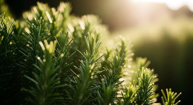 Closeup of vibrant green rosemary plant bathed in warm sunlight, showcasing its needlelike leaves and aromatic essence