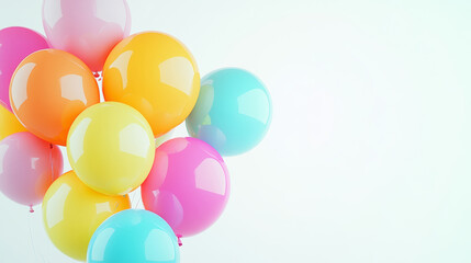 A cheerful cluster of colorful balloons in shades of pink, orange, yellow, and teal, creating a festive and lively look against a soft backdrop.
