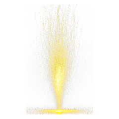 Brilliant golden particle burst rising upwards from a glowing reflective surface against a dark void