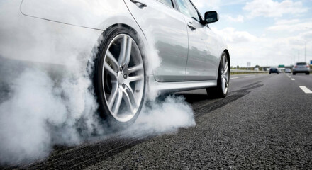Car performs a burnout on a highway, creating smoke and noise on a sunny day