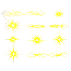 Collection of bright yellow starburst lens flare effects and glowing energy light trails isolated on Transparent Background