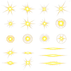 Collection of Golden Starburst Light Flares and Lens Flare Effects Isolated on Transparent Background for VFX