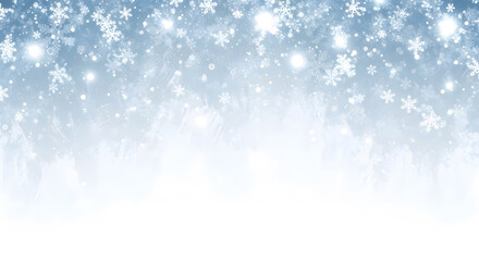 Fototapeta premium Painted winter background with glowing particles and falling snow on a light blue gradient