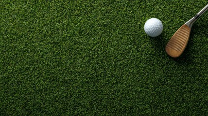 Golf club and ball on lush green grass. AI image
